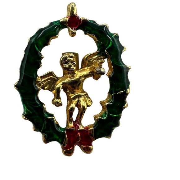 Vintage Christmas Cherub Angel Wreath Brooch Gold Tone Red Green Enamel - Picture 2 of 9